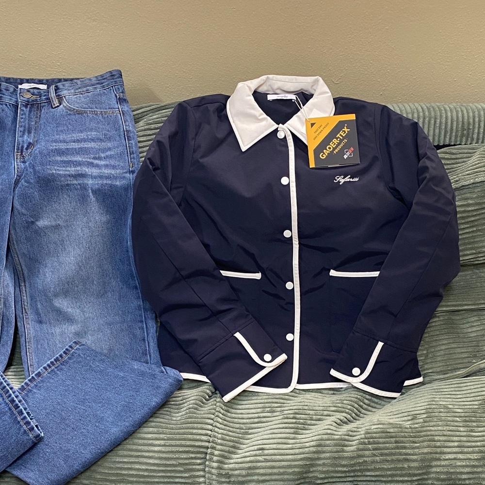 (A Set) Safariii Navy Jacket with White Trim & jeans (size 27)